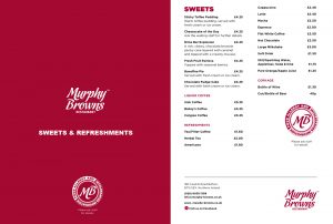 Sweet Menu at Murphy Browns Restaurant Belfast